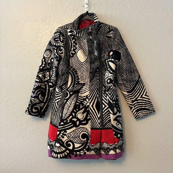 Desigual Jackets & Blazers - Desigual designer tapestry black white red we love jacket coat RARE size 10 NEW